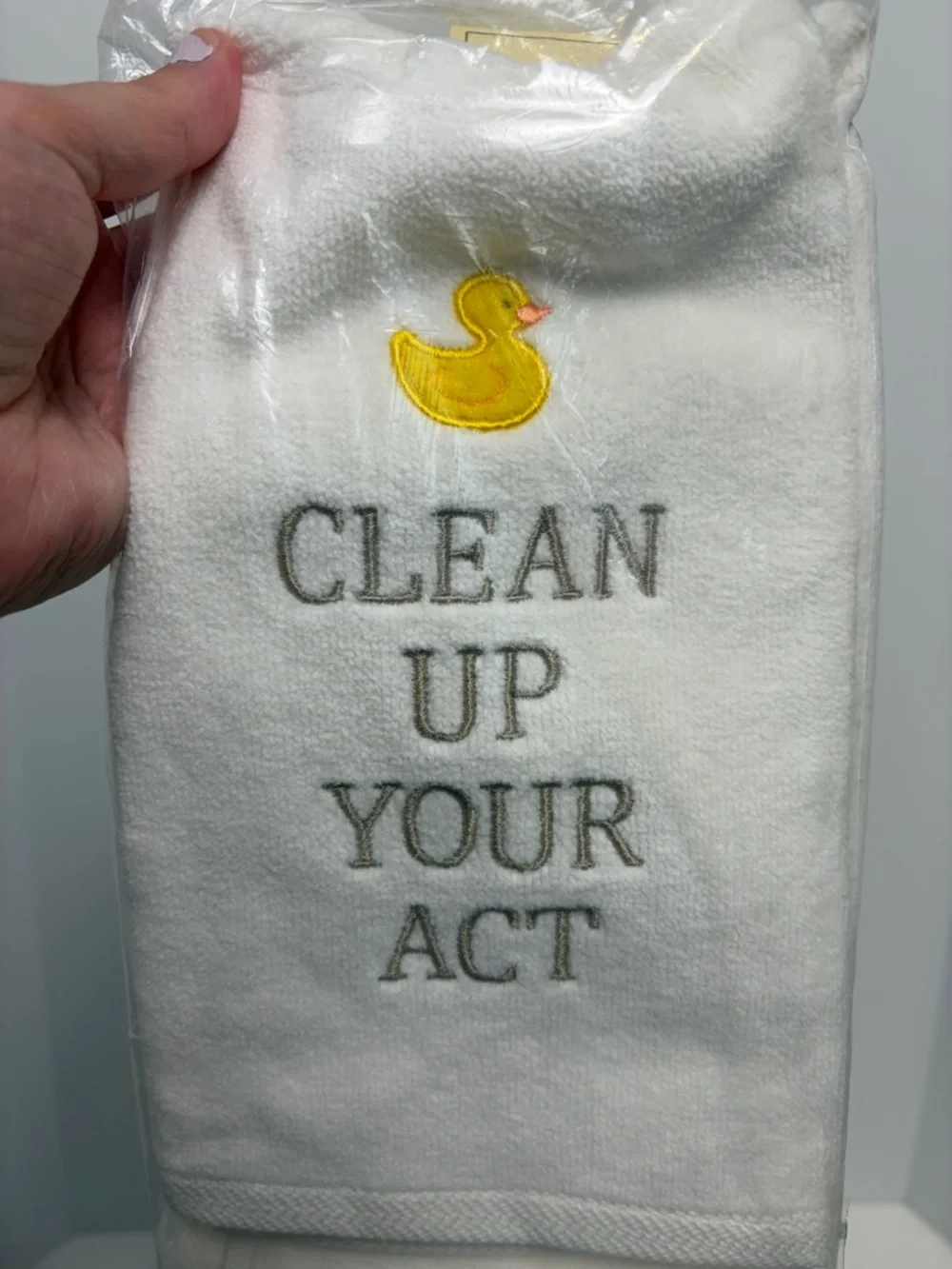 Rubber Duck Decorative Bathroom Hand Towel Quote Clean Up Your Act Ivory Cotton